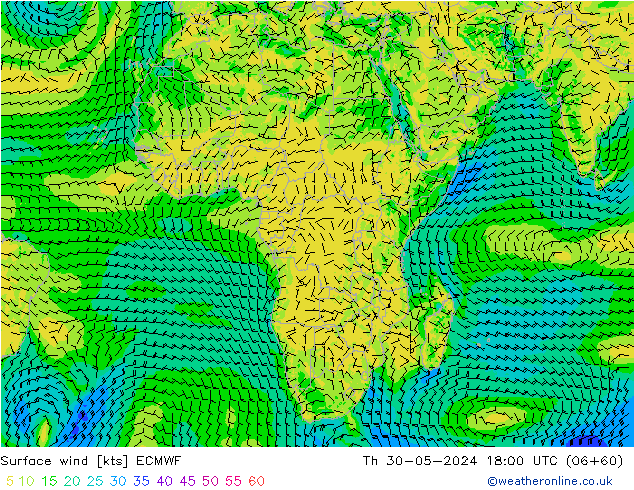 Viento 10 m ECMWF jue 30.05.2024 18 UTC