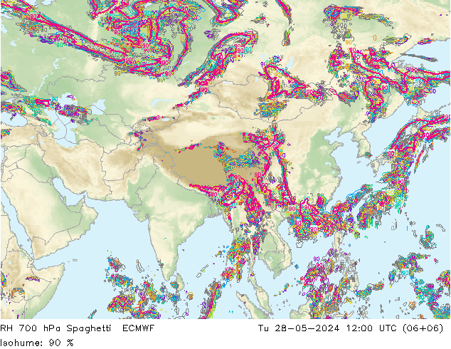 RH 700 hPa Spaghetti ECMWF Út 28.05.2024 12 UTC