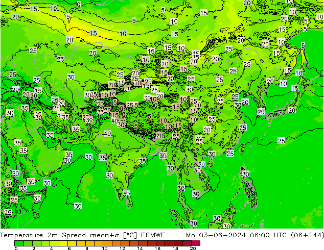 Temperature 2m Spread ECMWF Mo 03.06.2024 06 UTC