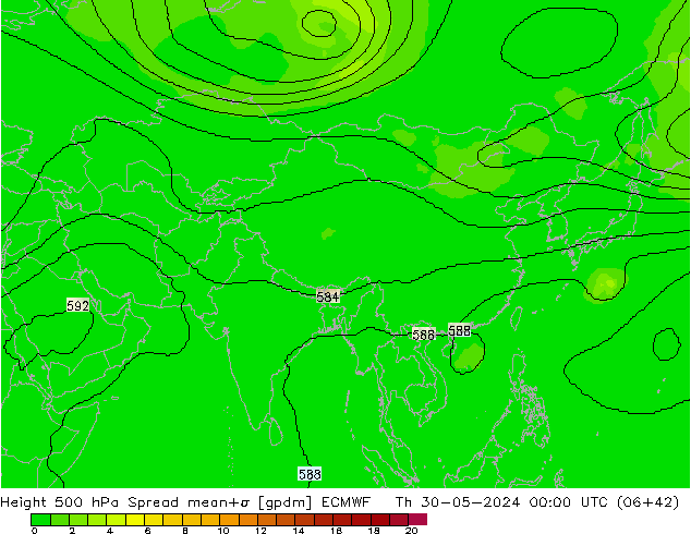 Height 500 hPa Spread ECMWF Čt 30.05.2024 00 UTC