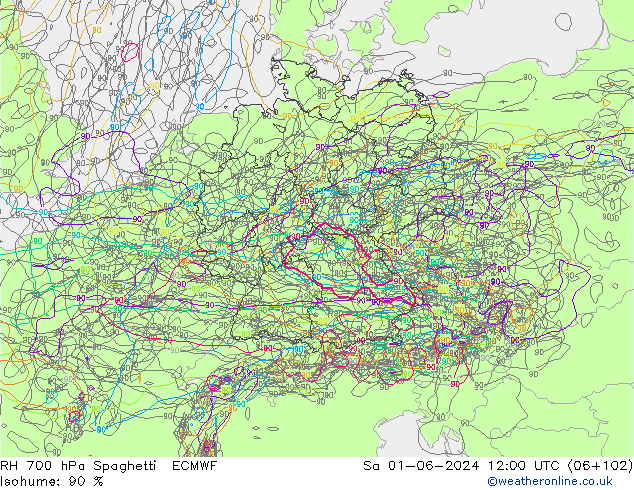 RH 700 hPa Spaghetti ECMWF 星期六 01.06.2024 12 UTC