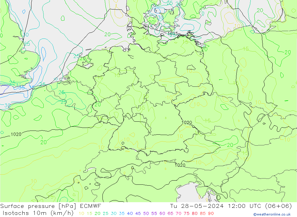 Isotachs (kph) ECMWF Tu 28.05.2024 12 UTC