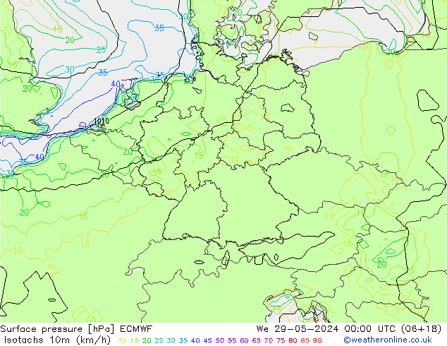 Isotachs (kph) ECMWF We 29.05.2024 00 UTC