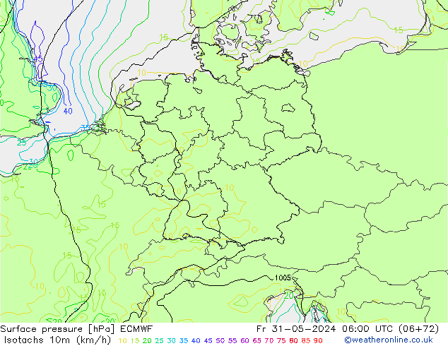 Isotachen (km/h) ECMWF vr 31.05.2024 06 UTC