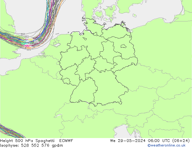 Height 500 hPa Spaghetti ECMWF 星期三 29.05.2024 06 UTC