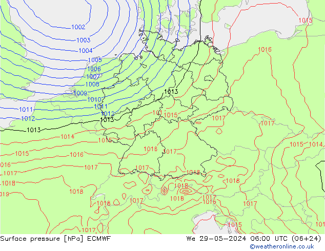 Presión superficial ECMWF mié 29.05.2024 06 UTC