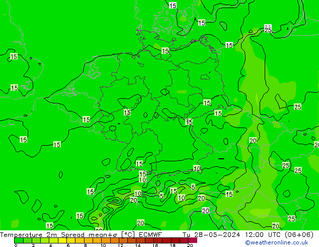 Temperature 2m Spread ECMWF Tu 28.05.2024 12 UTC