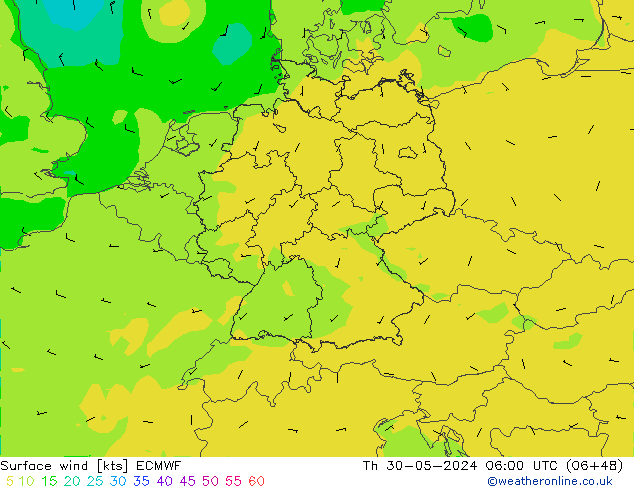 Vento 10 m ECMWF Qui 30.05.2024 06 UTC