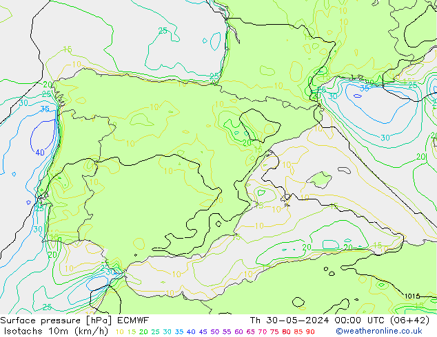 Isotachs (kph) ECMWF Th 30.05.2024 00 UTC