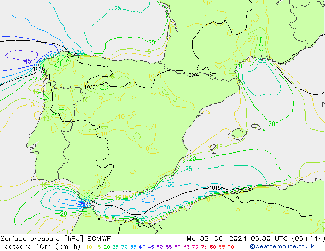 Isotachs (kph) ECMWF Mo 03.06.2024 06 UTC