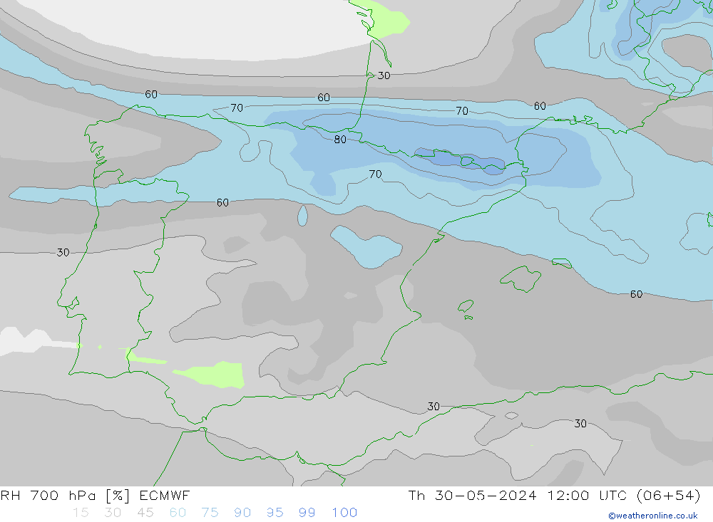 RH 700 hPa ECMWF Th 30.05.2024 12 UTC