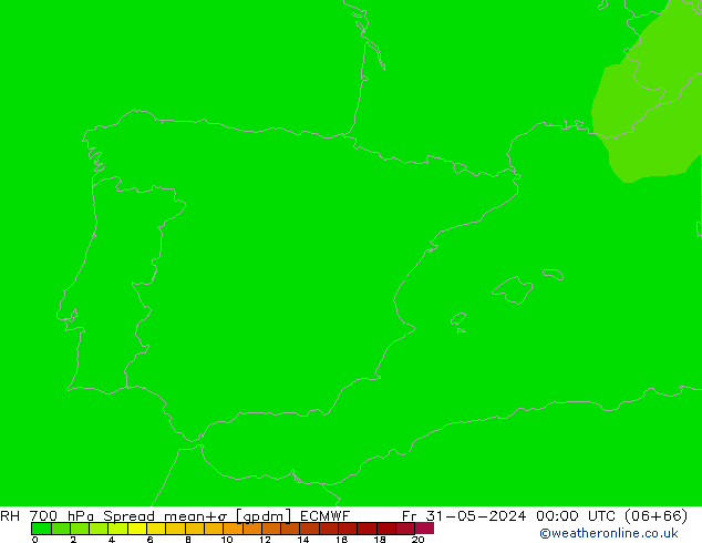 700 hPa Nispi Nem Spread ECMWF Cu 31.05.2024 00 UTC