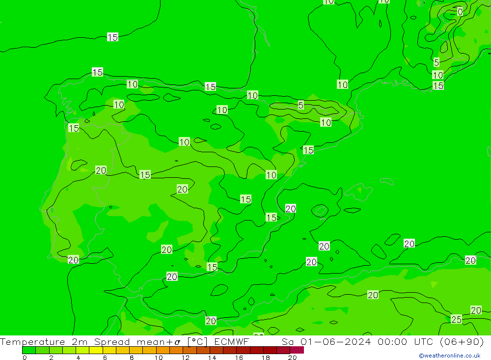 Temperatuurkaart Spread ECMWF za 01.06.2024 00 UTC