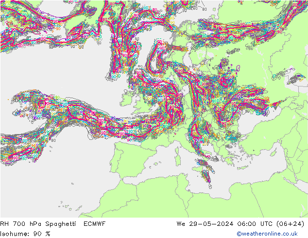 RH 700 hPa Spaghetti ECMWF śro. 29.05.2024 06 UTC