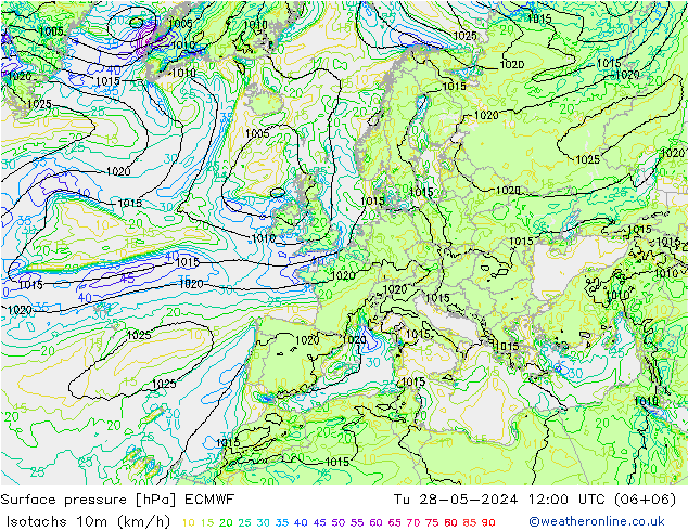 Isotachs (kph) ECMWF Tu 28.05.2024 12 UTC