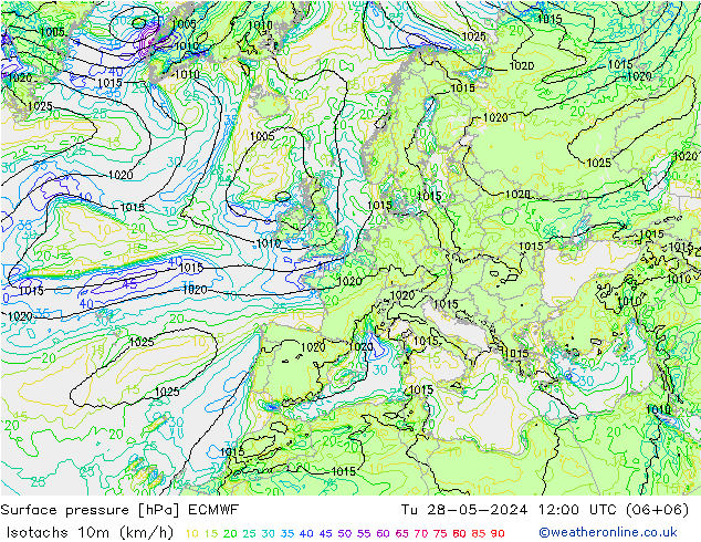 Isotachs (kph) ECMWF mar 28.05.2024 12 UTC