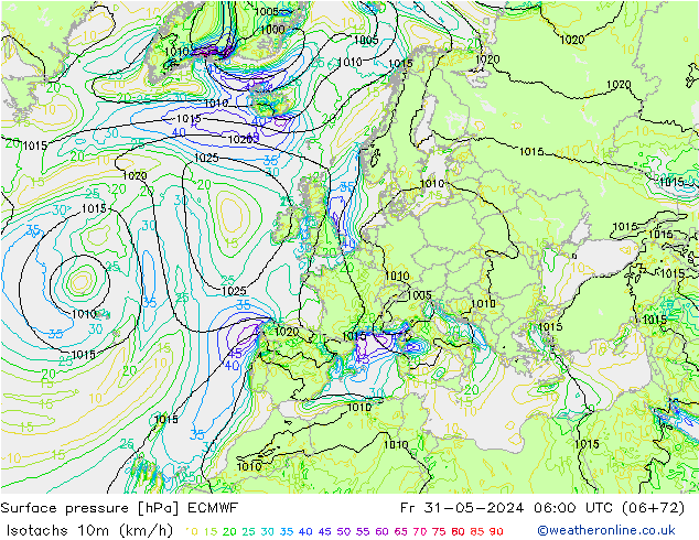 Isotachs (kph) ECMWF пт 31.05.2024 06 UTC