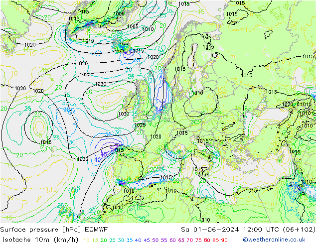 Isotachs (kph) ECMWF  01.06.2024 12 UTC