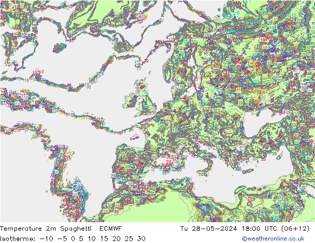 Temperature 2m Spaghetti ECMWF Tu 28.05.2024 18 UTC