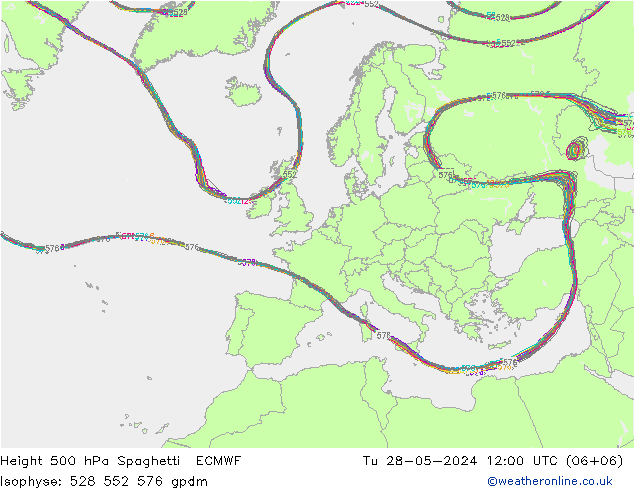 Height 500 hPa Spaghetti ECMWF mar 28.05.2024 12 UTC