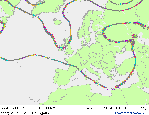Height 500 hPa Spaghetti ECMWF Tu 28.05.2024 18 UTC