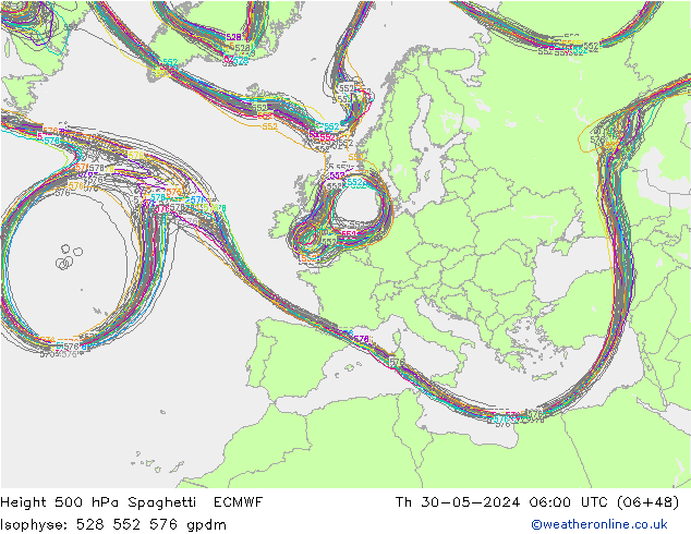 Height 500 hPa Spaghetti ECMWF Th 30.05.2024 06 UTC