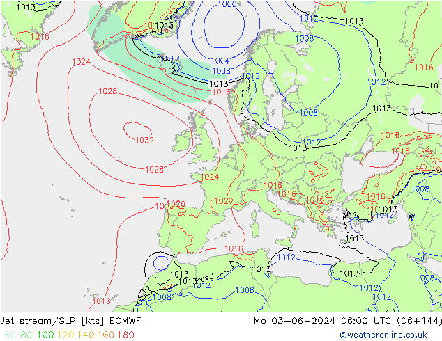 Jet stream/SLP ECMWF Mo 03.06.2024 06 UTC