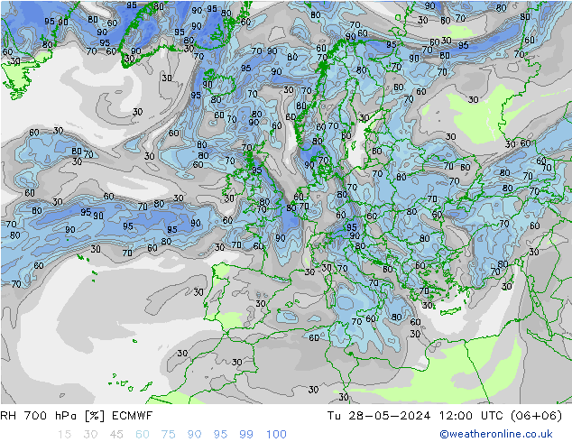 RH 700 hPa ECMWF 星期二 28.05.2024 12 UTC