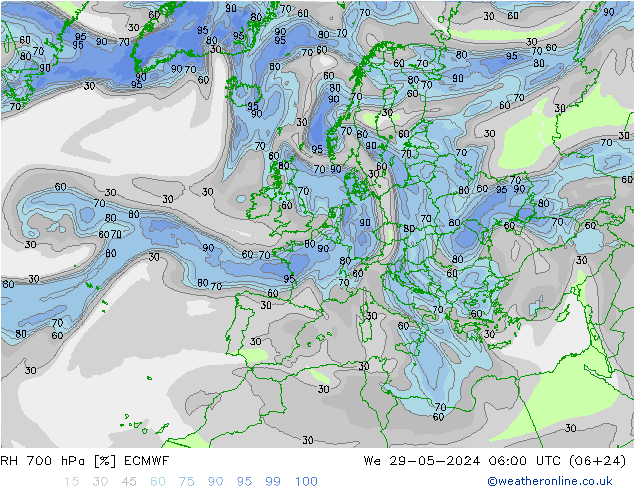 RH 700 hPa ECMWF We 29.05.2024 06 UTC