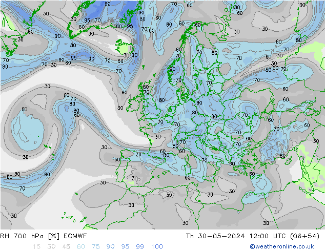 RH 700 hPa ECMWF gio 30.05.2024 12 UTC