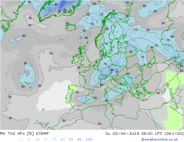 RH 700 hPa ECMWF So 02.06.2024 06 UTC