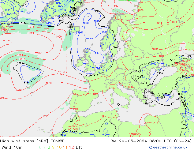 High wind areas ECMWF We 29.05.2024 06 UTC