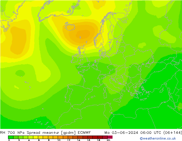 700 hPa Nispi Nem Spread ECMWF Pzt 03.06.2024 06 UTC