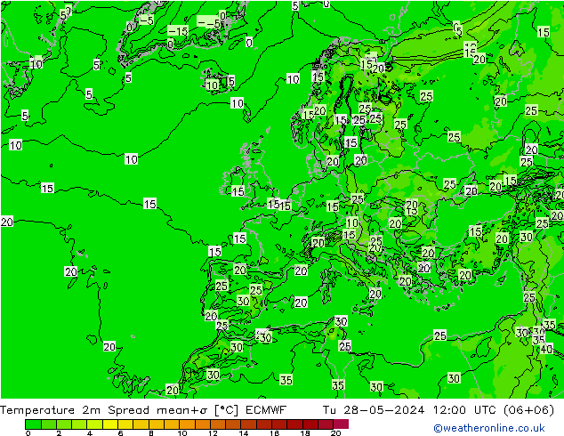 mapa temperatury 2m Spread ECMWF wto. 28.05.2024 12 UTC