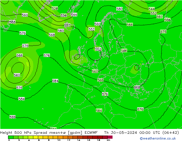 Height 500 гПа Spread ECMWF чт 30.05.2024 00 UTC