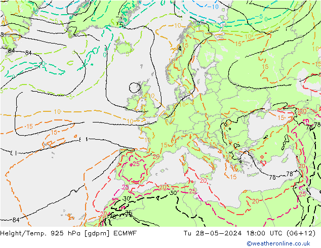 Height/Temp. 925 hPa ECMWF wto. 28.05.2024 18 UTC
