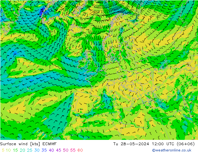 ветер 10 m ECMWF вт 28.05.2024 12 UTC