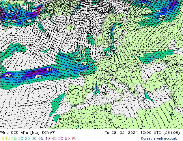 Wind 925 hPa ECMWF Út 28.05.2024 12 UTC