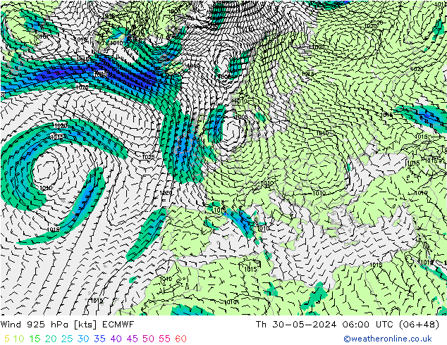 Wind 925 hPa ECMWF Do 30.05.2024 06 UTC