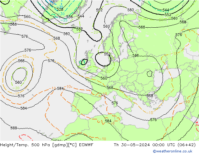 Height/Temp. 500 hPa ECMWF Čt 30.05.2024 00 UTC