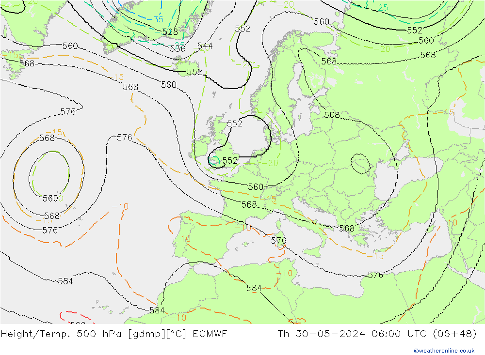 Height/Temp. 500 hPa ECMWF Do 30.05.2024 06 UTC