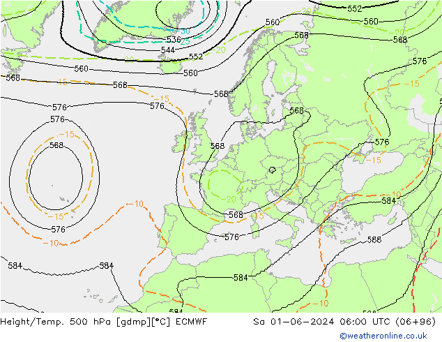 Hoogte/Temp. 500 hPa ECMWF za 01.06.2024 06 UTC