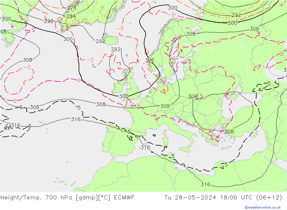 Height/Temp. 700 hPa ECMWF Di 28.05.2024 18 UTC