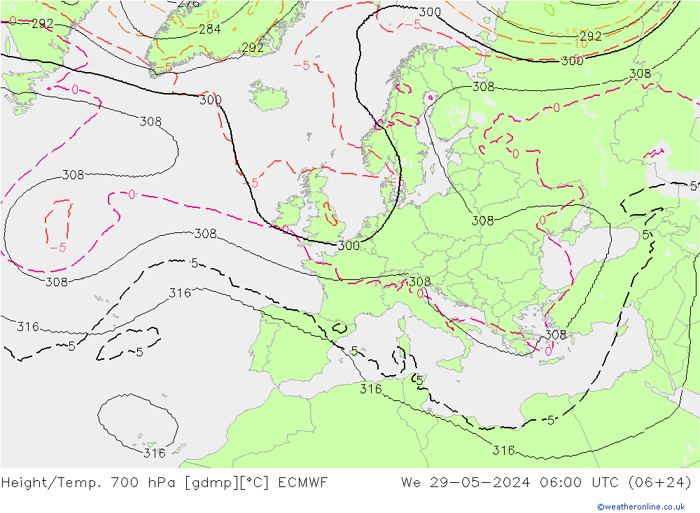 Height/Temp. 700 hPa ECMWF śro. 29.05.2024 06 UTC