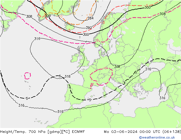 Height/Temp. 700 гПа ECMWF пн 03.06.2024 00 UTC