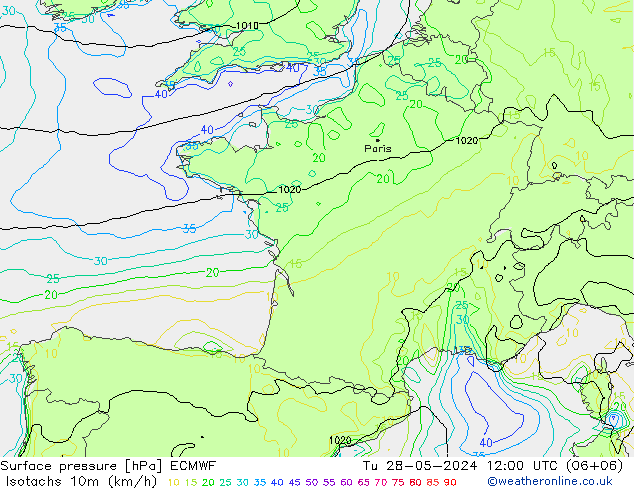 Isotachs (kph) ECMWF вт 28.05.2024 12 UTC