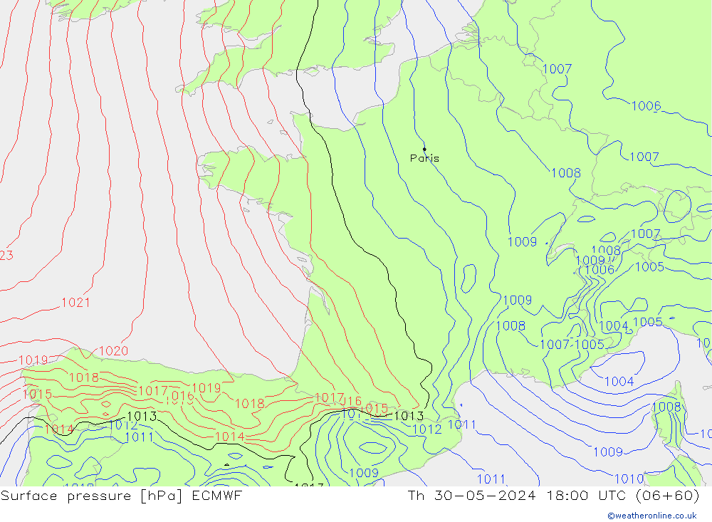 Presión superficial ECMWF jue 30.05.2024 18 UTC