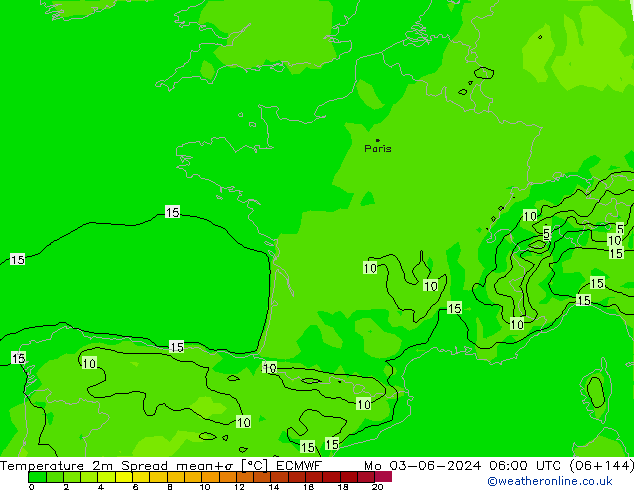 Temperature 2m Spread ECMWF Mo 03.06.2024 06 UTC