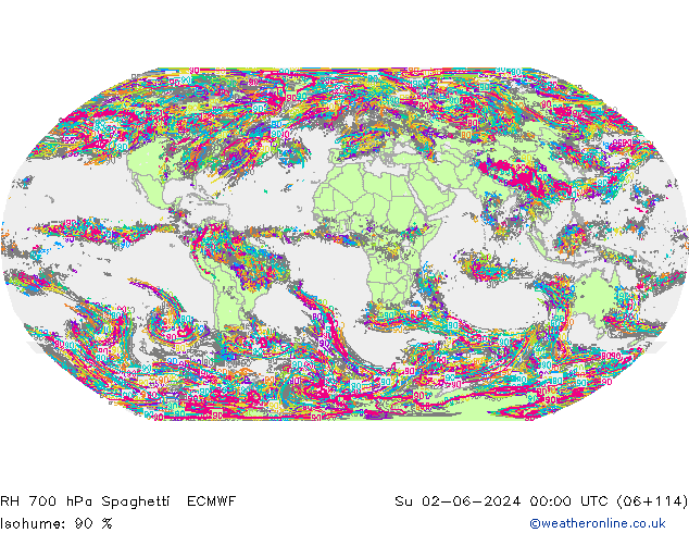 RH 700 hPa Spaghetti ECMWF  02.06.2024 00 UTC