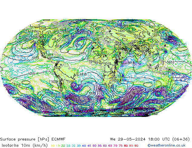 Isotachs (kph) ECMWF We 29.05.2024 18 UTC